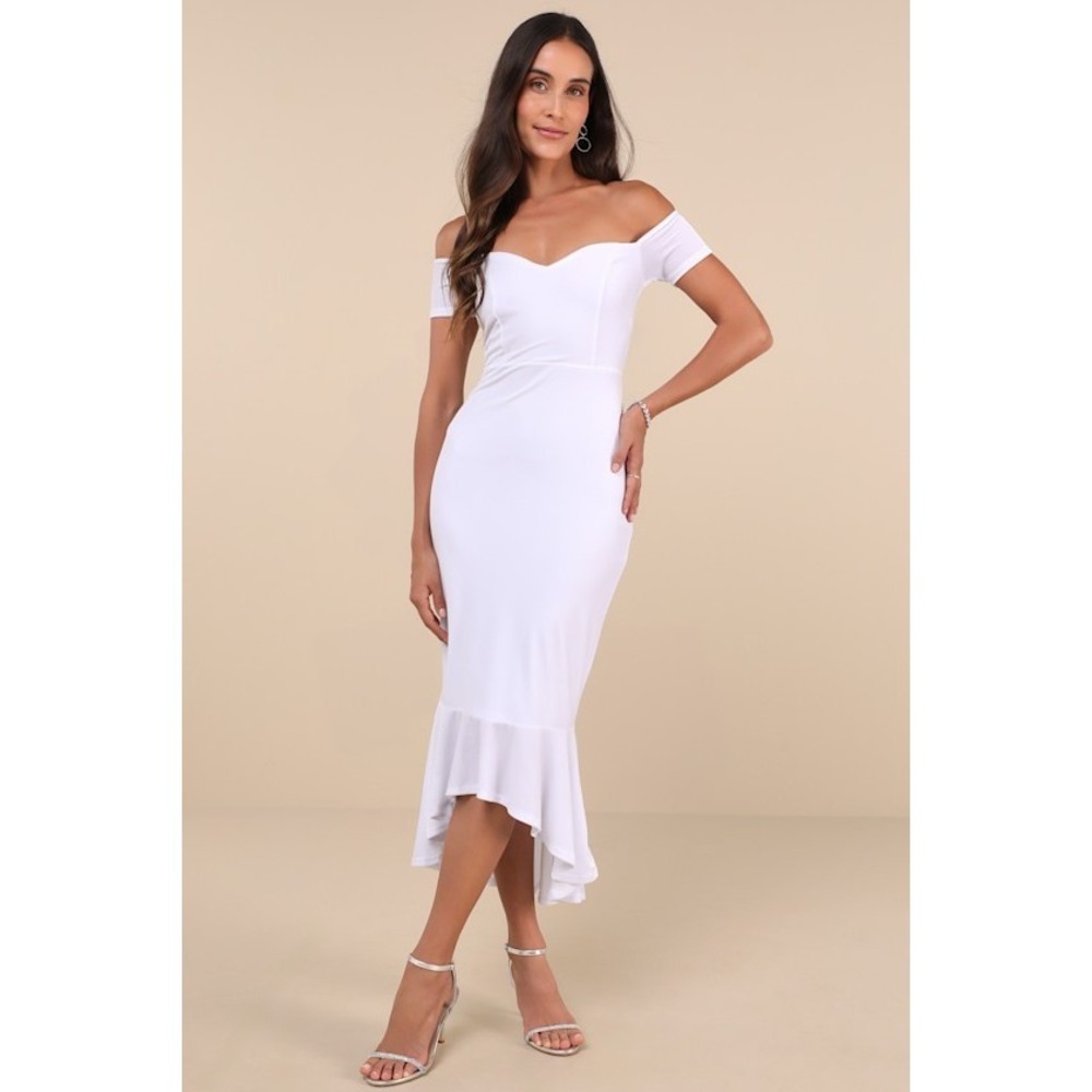 Lulus How Much I Care White Velvet Off-the-shoulder Midi Dress - Size XS
